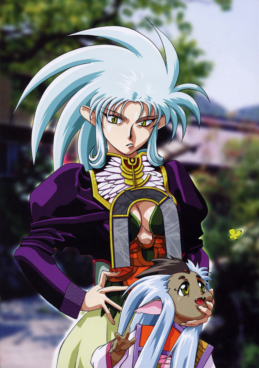 2girls, black_hair, blurry, blurry_background, bug, butterfly, cabbit, cleavage_cutout, clothing_cutout, day, fangs, feet_out_of_frame, hand_on_hip, height_difference, highres, insect, juliet_sleeves, light_green_hair, long_hair, long_sleeves, looking_at_viewer, multicolored_hair, multiple_girls, no_bangs, open_mouth, outdoors, parted_lips, photo_background, pointy_ears, puffy_sleeves, ryou-ouki, ryouko_(tenchi_muyou!), scan, sidelocks, tenchi_muyou!, tenchi_muyou!_ryou-ouki, two-tone_hair, yellow_eyes