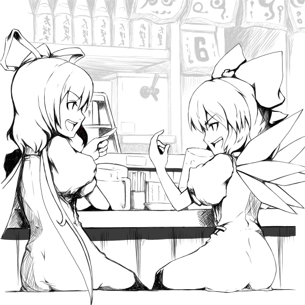 bad_id, cirno, daiyousei, monochrome, multiple_girls, shishigami_(pixiv), shishigami_(sunagimo), smile