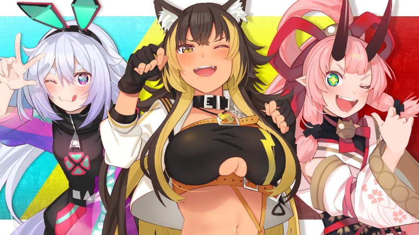 3girls, :q, absurdres, animal_ear_fluff, animal_ears, aqua_eyes, bangs, black_gloves