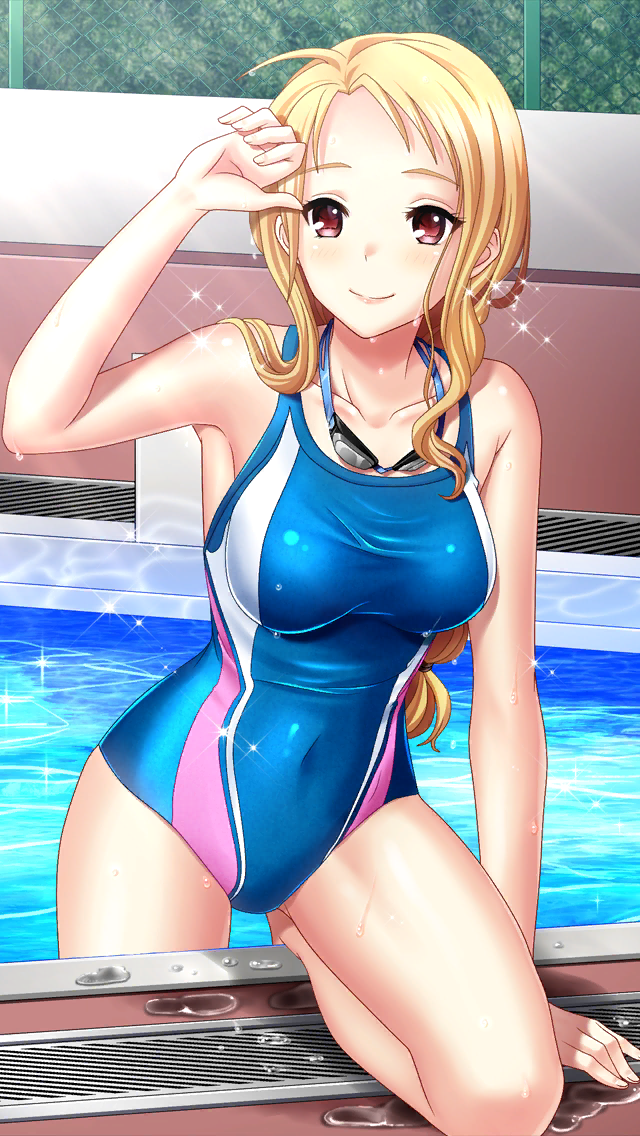 1girl, ahoge, barefoot, blue_swimsuit, breasts, brown_hair, closed_mouth, collarbone