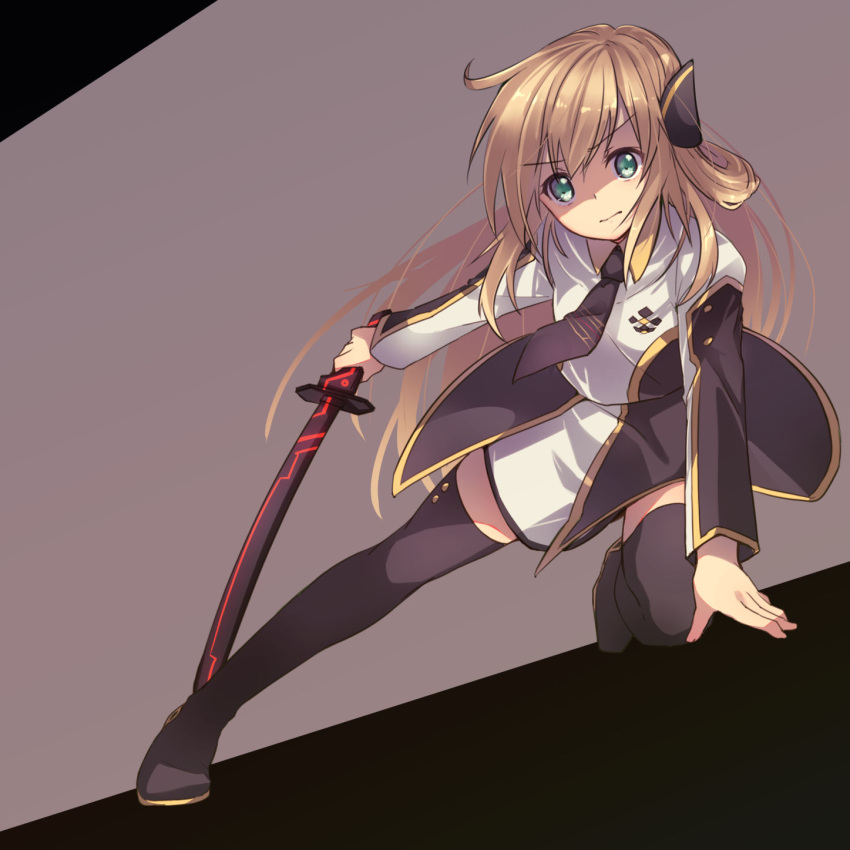 1girl, ahoge, blonde_hair, holding_weapon, long_hair, sky_striker_ace_-_raye, soratouenban104, yuu-gi-ou