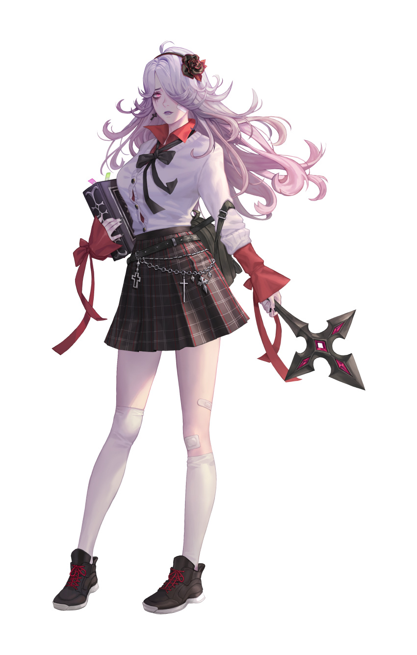 1girl, absurdres, ahoge, backpack, bag, bandaid, bandaid_on_face, bandaid_on_knee