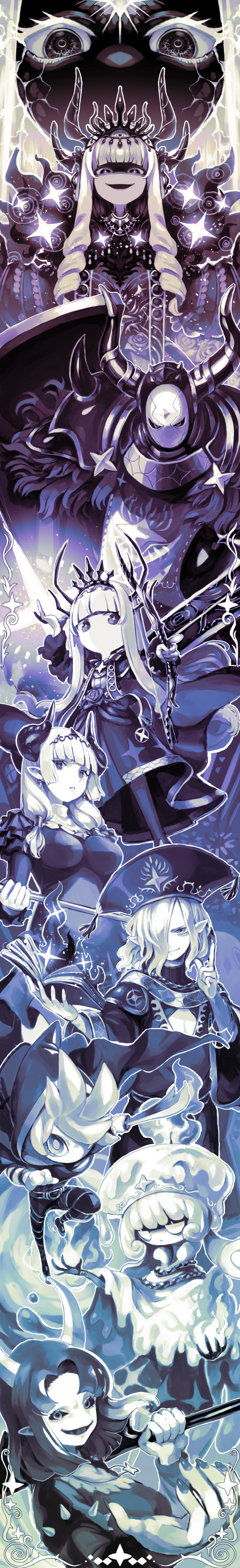 +_+, 3boys, 5girls, :<, absurdres, armor, bangs, blunt_bangs