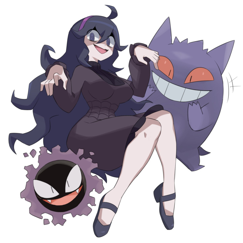 1girl, 2others, @_@, ahoge, arms_up, bangs, black_footwear, black_hair