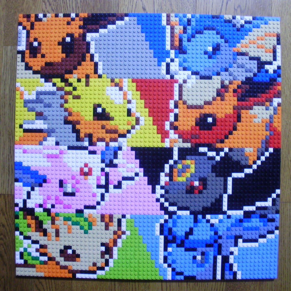 black_background, black_eyes, blue_background, blue_eyes, eevee, espeon, evolutionary_line, flareon, gen_1_pokemon, gen_2_pokemon, gen_4_pokemon, gen_6_pokemon, glaceon, green_background, grey_eyes, highres, jolteon, lego, lego_(medium), multicolored, multicolored_background, no_humans, photo_(medium), pink_background, pixel_art, pokemon, pokemon_(creature), red_background, red_eyes, sylveon, umbreon, unconventional_media, vaporeon, yellow_background, you_rei_(blowback)