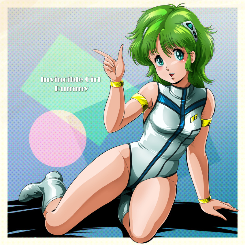 1980s_(style), 1girl, arm_support, arm_up, armlet, armpits, blue_eyes, boots, bracelet, breasts, copyright_name, green_hair, hair_ornament, highres, index_finger_raised, jewelry, leotard, muteki_shoujo_rami, muteki_shoujo_rummy, no_legwear, open_mouth, retro_artstyle, rummy_(muteki_shoujo_rummy), short_hair, sitting, small_breasts, smile, solo, thighs, white_footwear, white_leotard