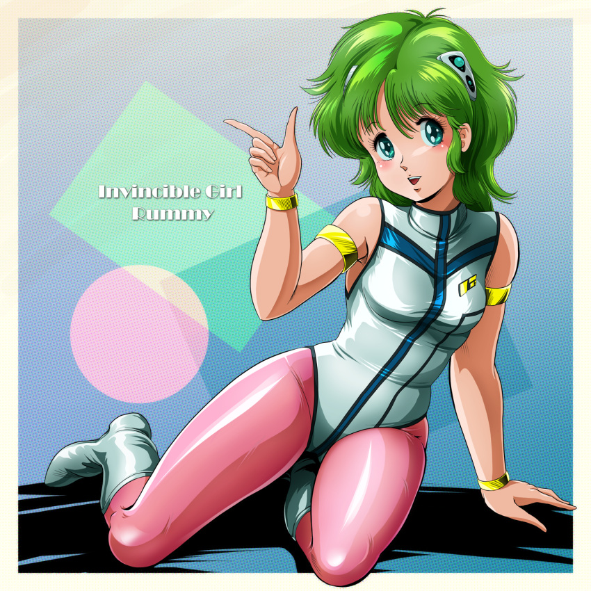 1980s_(style), 1girl, arm_support, arm_up, armlet, armpits, blue_eyes, boots, bracelet, breasts, commentary_request, copyright_name, green_hair, hair_ornament, highres, index_finger_raised, jewelry, leotard, muteki_shoujo_rummy, open_mouth, pantyhose, partial_commentary, pink_legwear, retro_artstyle, rummy_(muteki_shoujo_rummy), short_hair, sitting, small_breasts, smile, solo, tamanegiinyo, thighs, white_footwear, white_leotard