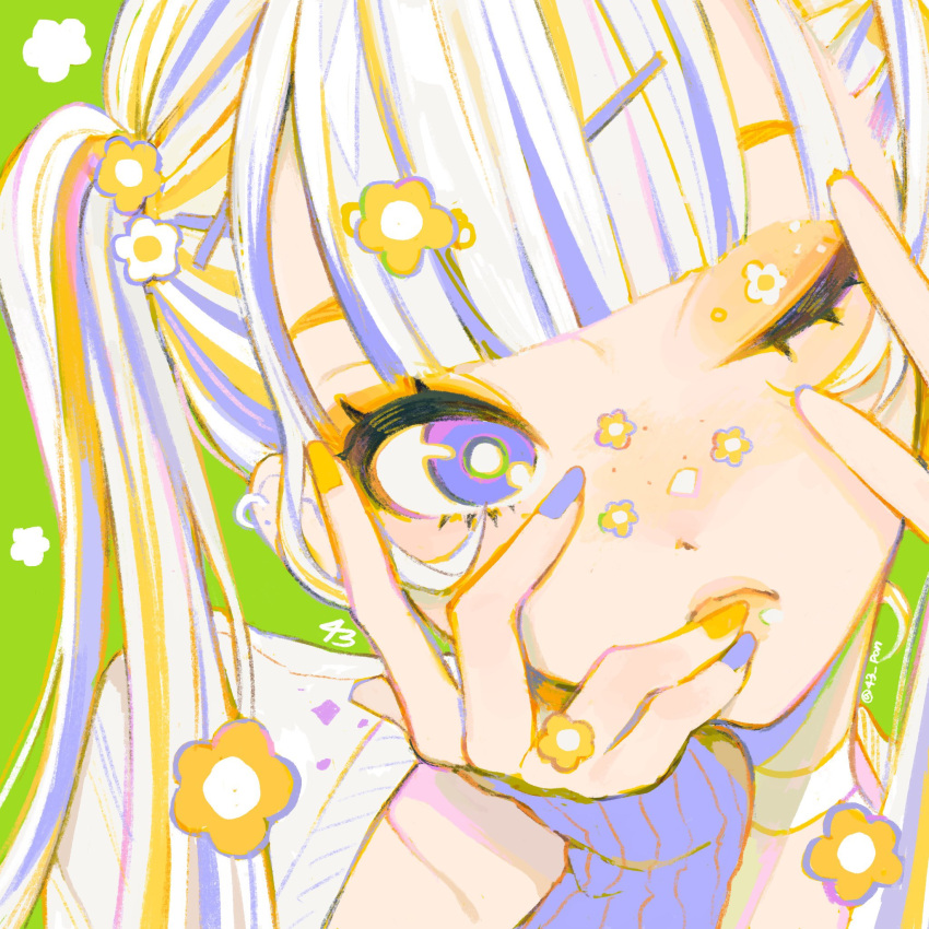 43_pon, blonde_hair, cardigan, closed_mouth, eyeshadow, flower, gloves, green_background