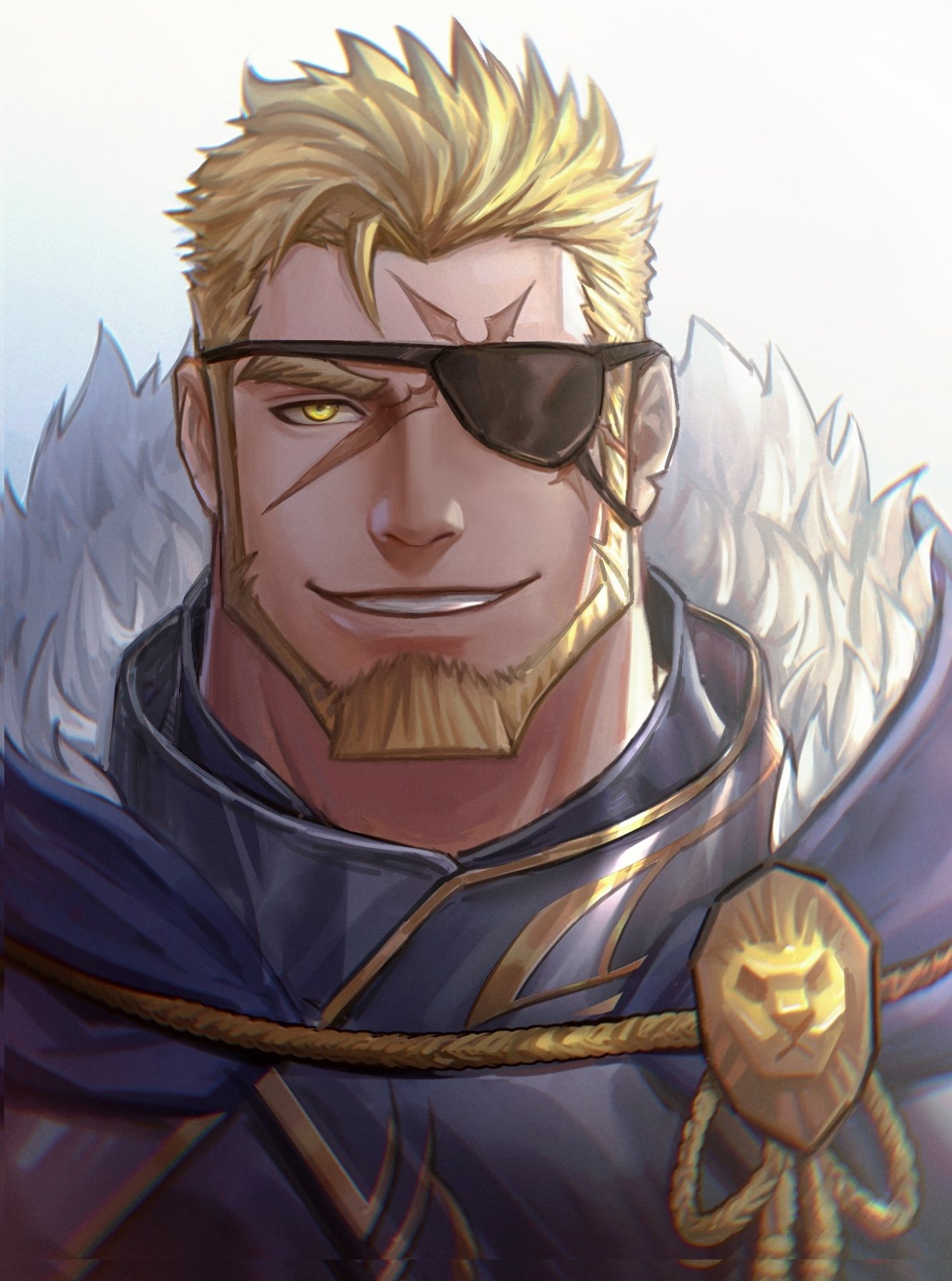 1boy, beard, blonde_hair, cape, eyepatch, facial_hair, fur-trimmed_cape, fur_trim, gyee, highres, ina_zuma, looking_at_viewer, male_focus, markus_(gyee), mature_male, portrait, scar, scar_on_face, short_hair, smile, solo, spiky_hair, straight-on, yellow_eyes
