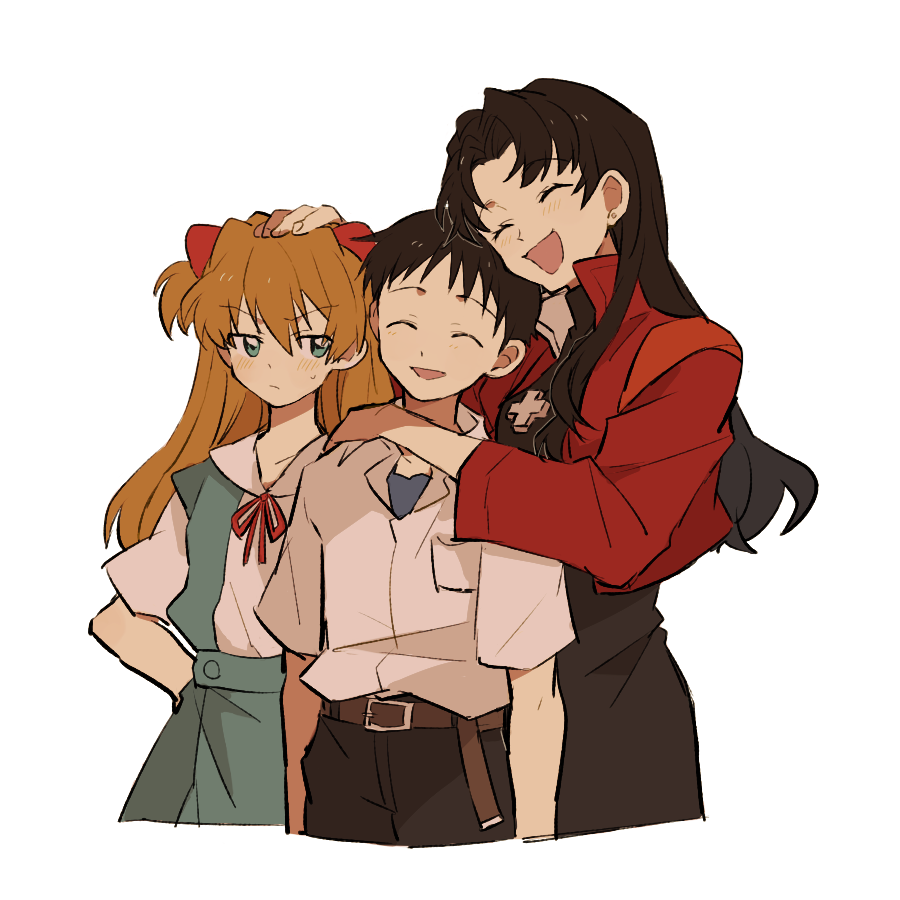 1boy, 2girls, bangs, black_hair, closed_eyes, closed_mouth, cross, cross_necklace, eyebrows_visible_through_hair, hand_on_another's_head, ikari_shinji, interface_headset, iwashi_(iwashi008), jacket, jewelry, katsuragi_misato, long_hair, long_sleeves, multiple_girls, neck_ribbon, necklace, neon_genesis_evangelion, open_mouth, orange_hair, pants, red_jacket, ribbon, school_uniform, shirt, short_sleeves, simple_background, souryuu_asuka_langley, sweat, tokyo-3_middle_school_uniform_(evangelion), white_background, white_shirt