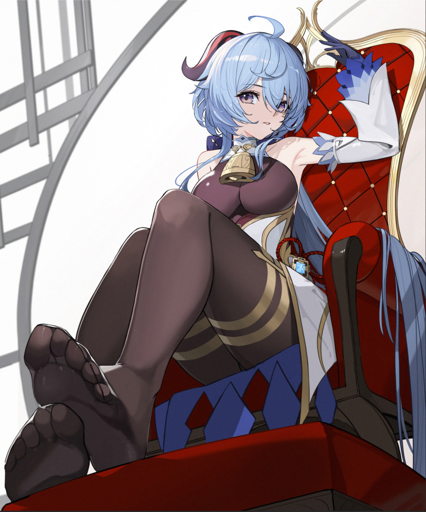 1girl, ahoge, arm_up, armpits, bangs, bell, black_gloves, black_legwear