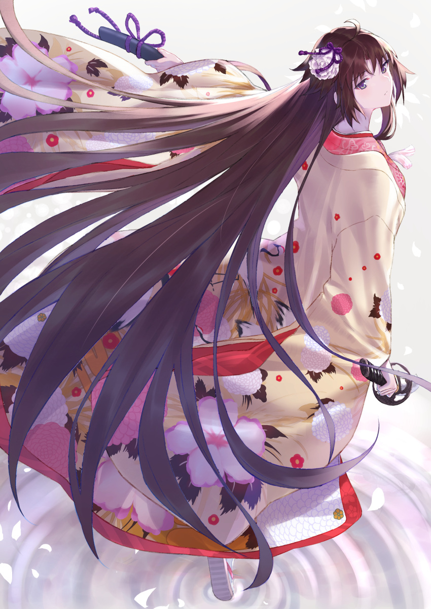 1girl, absurdres, bangs, black_hair, clogs, fate/grand_order, fate_(series), flower