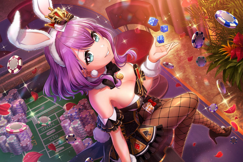 1girl, blush, bunnysuit, d4dj, green_eyes, hidaka_saori, purple_hair, short_hair