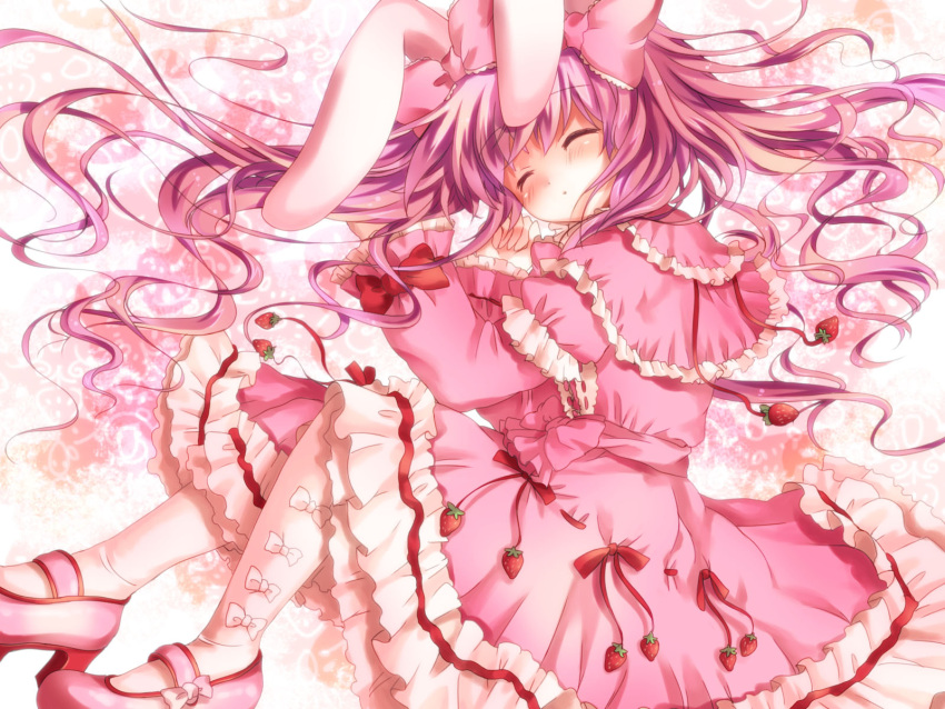 1girl, animal_ears, bangs, blush, bow, bow_legwear, commentary_request, dress