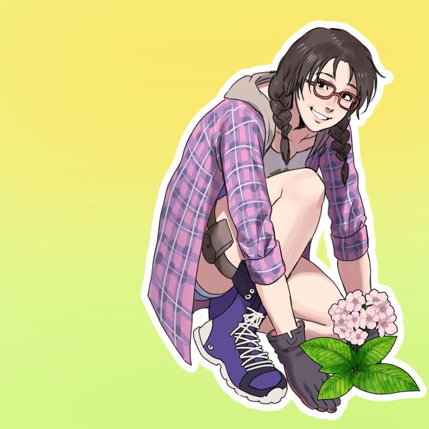 1girl, absurdres, bespectacled, black_eyes, black_gloves, blue_footwear, braid, denim