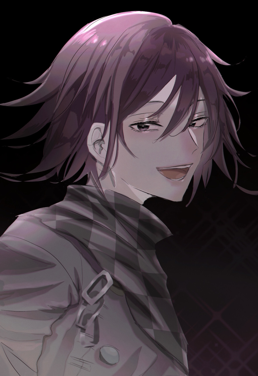 1boy, :d, bangs, bans, black_background, black_scarf, checkered, checkered_neckwear, checkered_scarf, dangan_ronpa_(series), dangan_ronpa_v3:_killing_harmony, from_side, gradient, gradient_background, grey_background, grey_jacket, grey_scarf, hair_between_eyes, highres, jacket, looking_at_viewer, male_focus, open_mouth, ouma_kokichi, purple_hair, scarf, shiny, shiny_hair, short_hair, smile, solo, teeth, upper_body, yui_15q