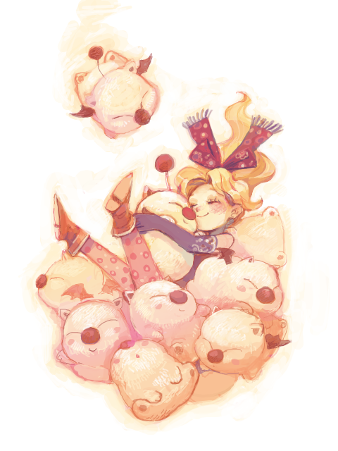 blush, closed_eyes, elbow_gloves, final_fantasy, final_fantasy_vi, gloves, moogle, nacky, pantyhose, ponytail, ribbon, smile, tina_branford, young