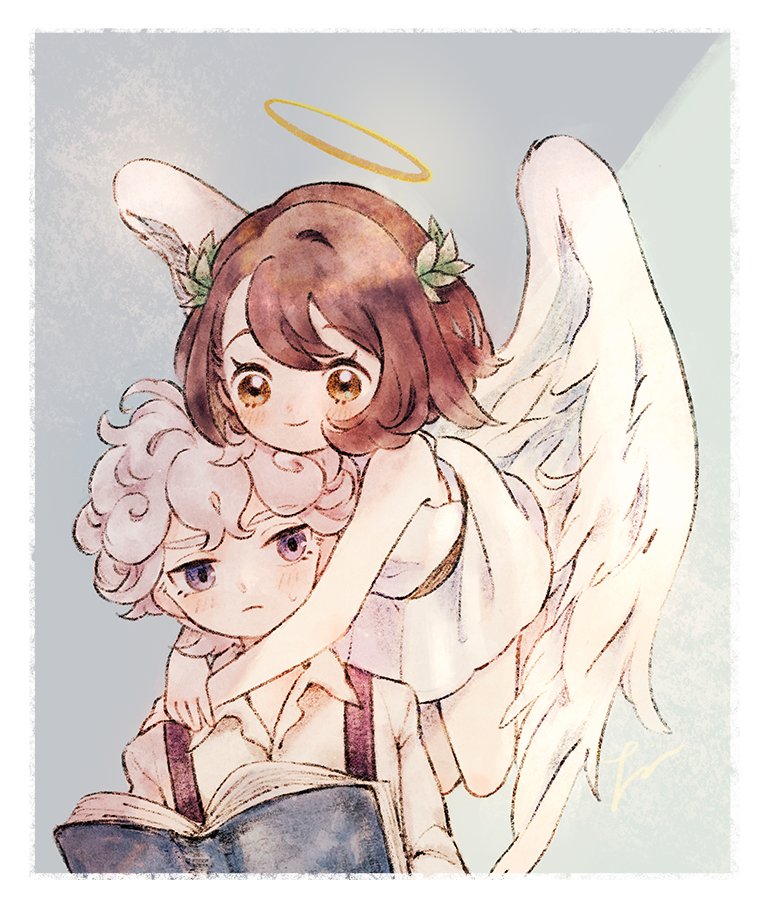 1boy, 1girl, angel, angel_wings, bangs, bare_arms, bede_(pokemon), blush, bob_cut, book, border, brown_eyes, brown_hair, closed_mouth, collared_shirt, commentary_request, curly_hair, dress, eyelashes, gloria_(pokemon), halo, hug, pokemon, pokemon_(game), pokemon_swsh, shirt, short_hair, sleeveless, sleeveless_dress, smile, suspenders, sweatdrop, white_border, white_dress, white_shirt, wings, zzzpani