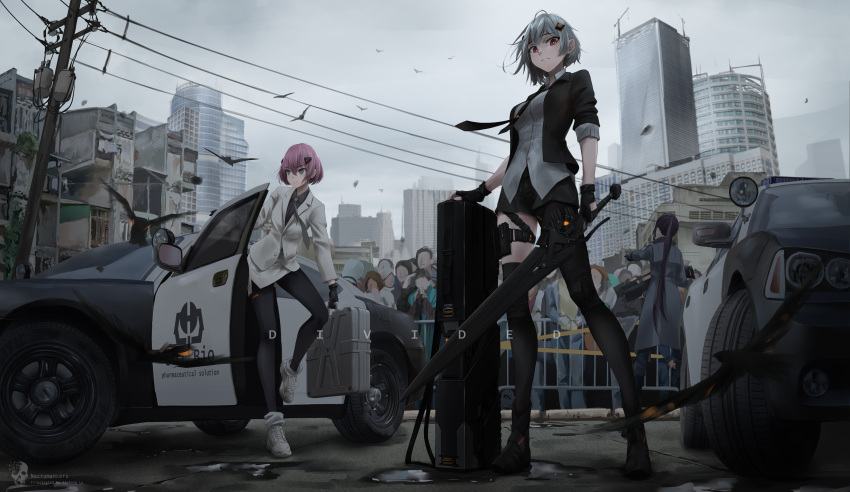 1girl, 2girls, absurdres, architecture, black_footwear, black_legwear, blazer, boots