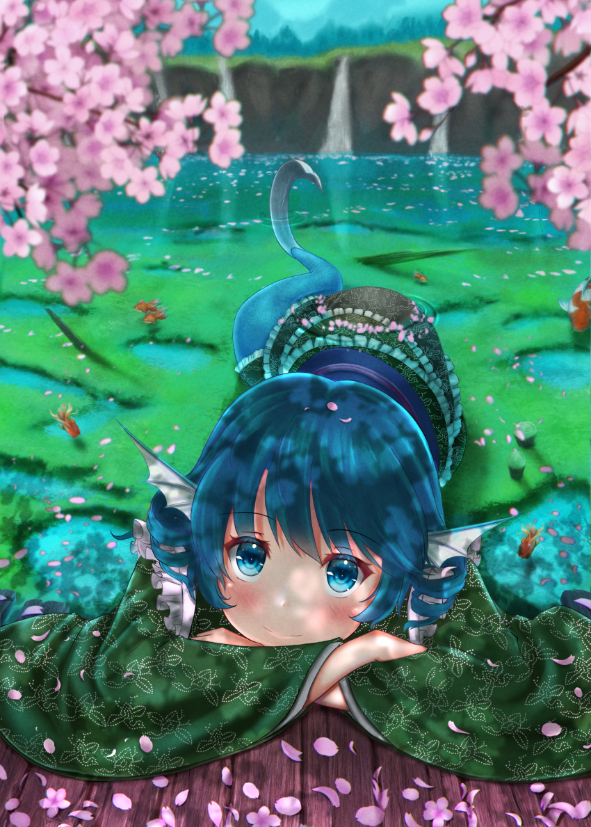 1girl, blue_eyes, blue_hair, blurry, blush, cherry_blossoms, commentary_request, dappled_sunlight
