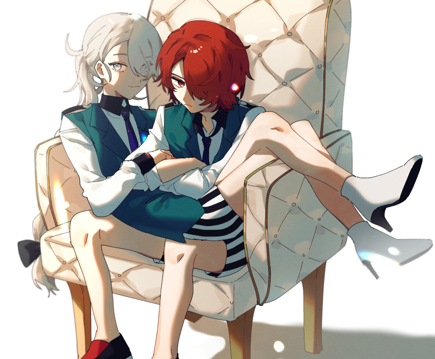 2boys, bishounen_series, chair, crossed_arms, fukuroi_mitsuru, grey_eyes, hair_over_one_eye, highres