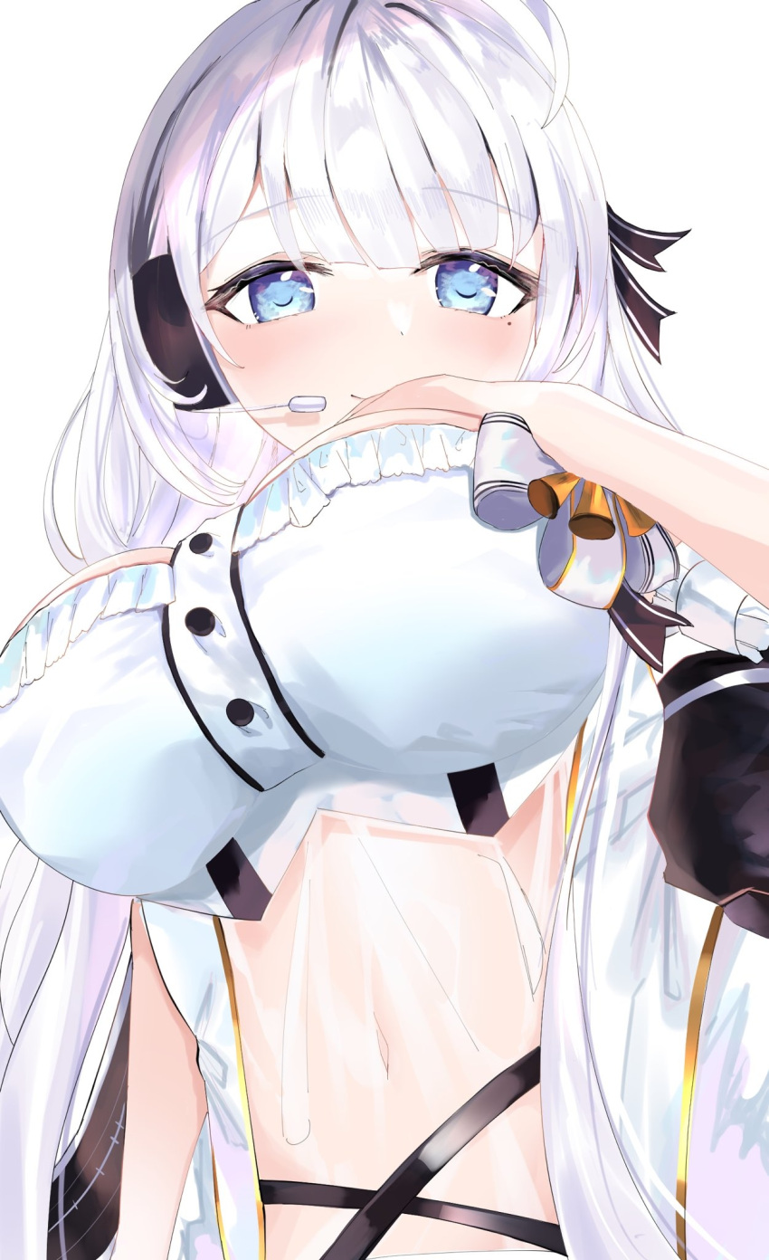 1girl, azur_lane, blue_eyes, breasts, dress, eyebrows_visible_through_hair, from_below, hand_on_own_chest, headphones, highres, illustrious_(azur_lane), illustrious_(muse)_(azur_lane), large_breasts, looking_at_viewer, looking_down, megumi_kei, navel, see-through, smile, solo, white_background, white_dress, white_hair