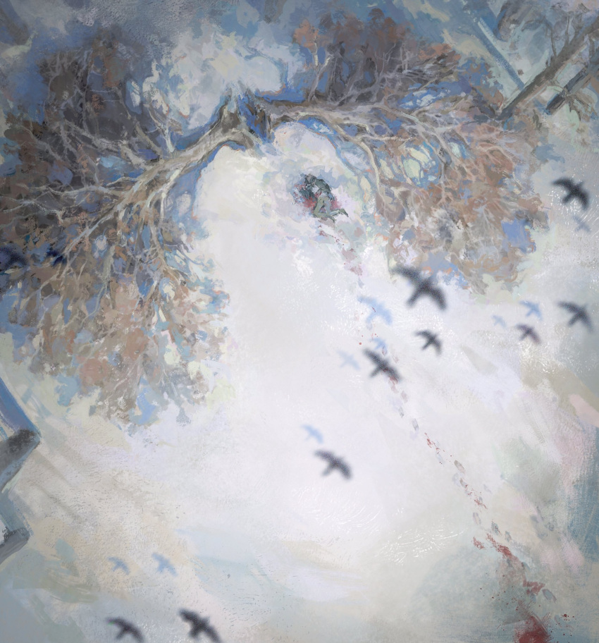 1boy, bird, blood, blood_on_snow, blood_trail, creamyghost, death, disco_elysium