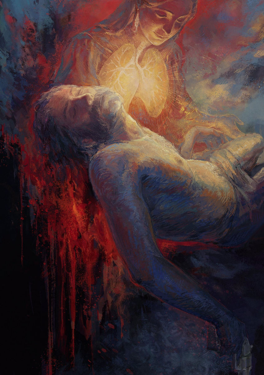 1boy, 1girl, blood, blood_splatter, closed_eyes, creamyghost, death, disco_elysium
