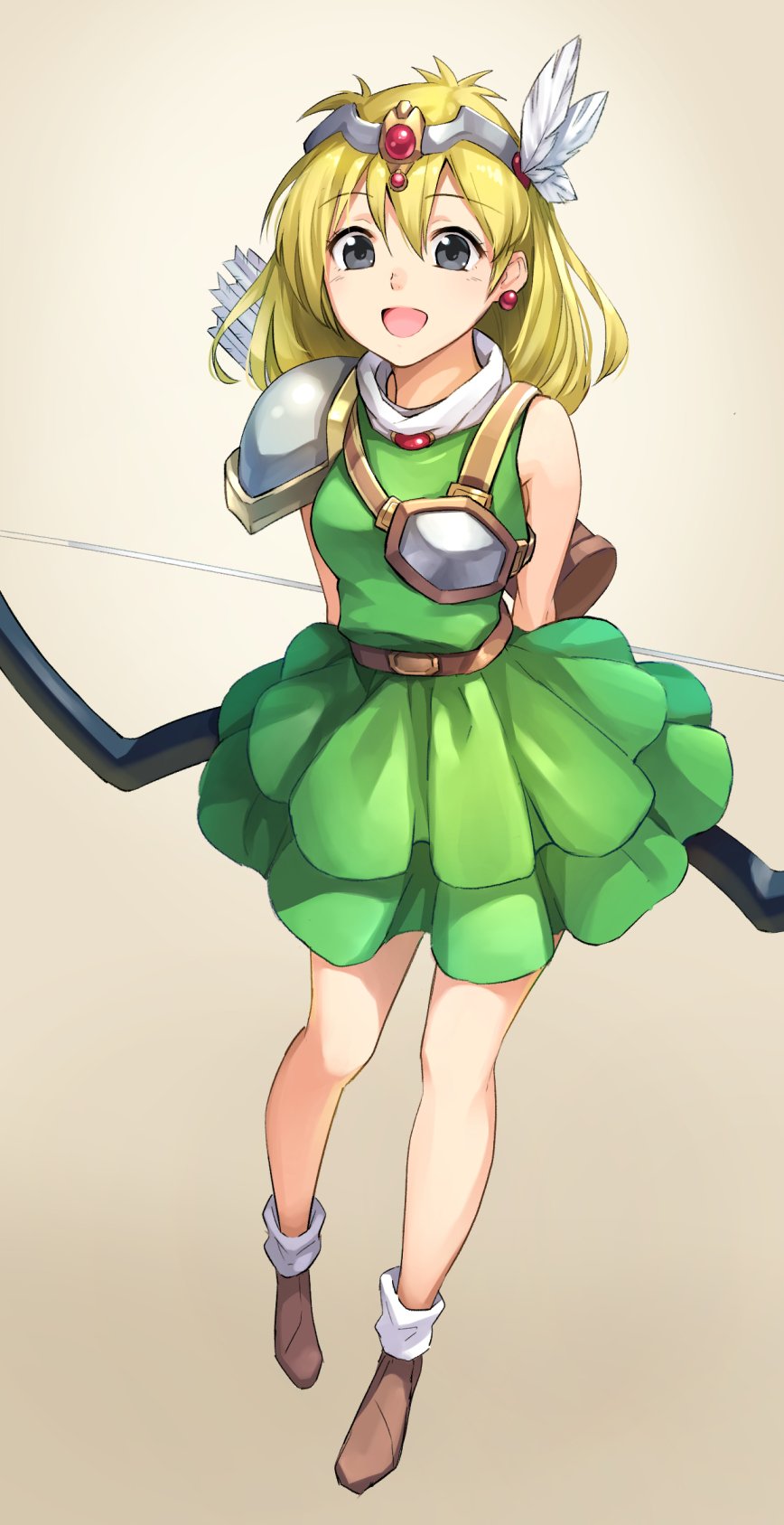 1girl, armor, arms_behind_back, arrow_(projectile), belt, blonde_hair, boots, bow_(weapon)