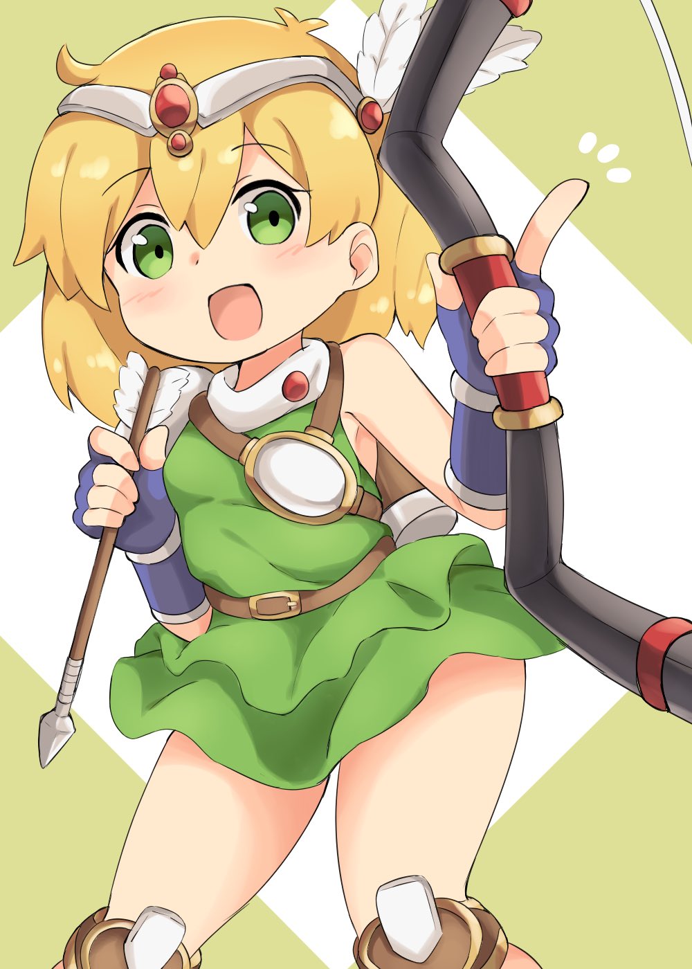 1girl, armor, arrow_(projectile), belt, blonde_hair, blue_gloves, bow_(weapon), breastplate