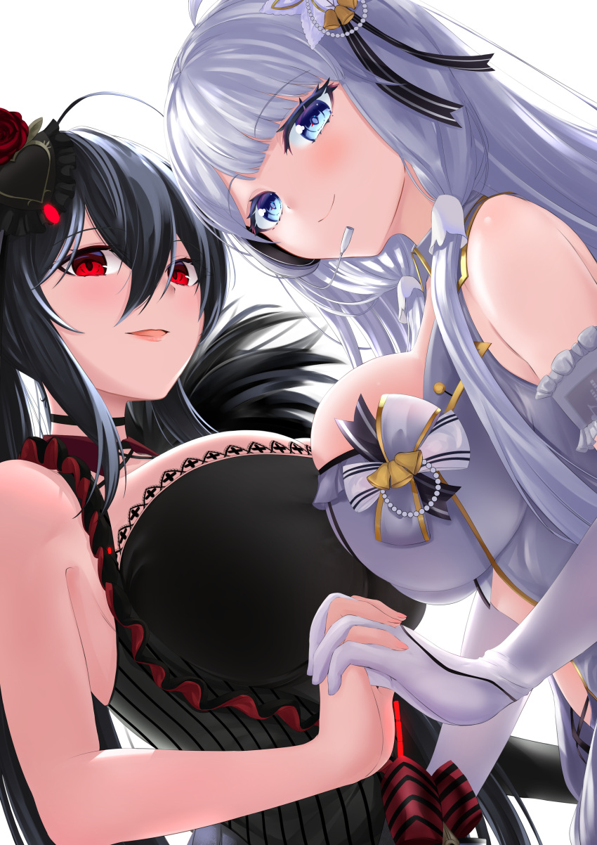 2girls, absurdres, azur_lane, bare_shoulders, black_hair, blue_eyes, breast_press, breasts