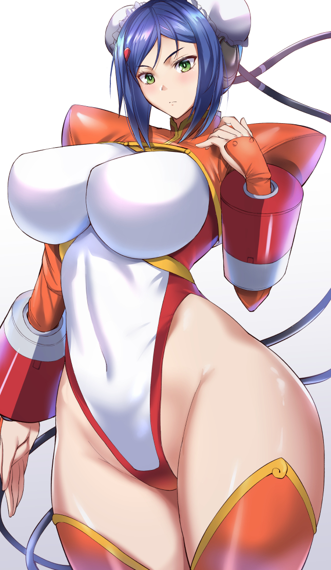 1girl, arcana_heart, bangs, blue_hair, blush, breasts, bun_cover, covered_navel