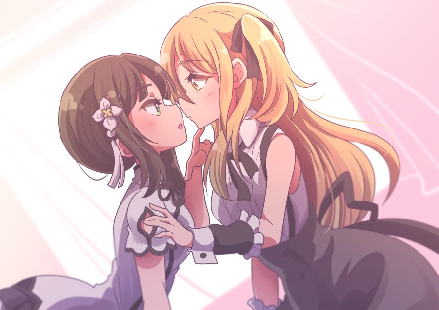 2girls, assault_lily, black_hair, blonde_hair, ears, green_eyes, hand_on_another's_chin, hand_on_another's_shoulder