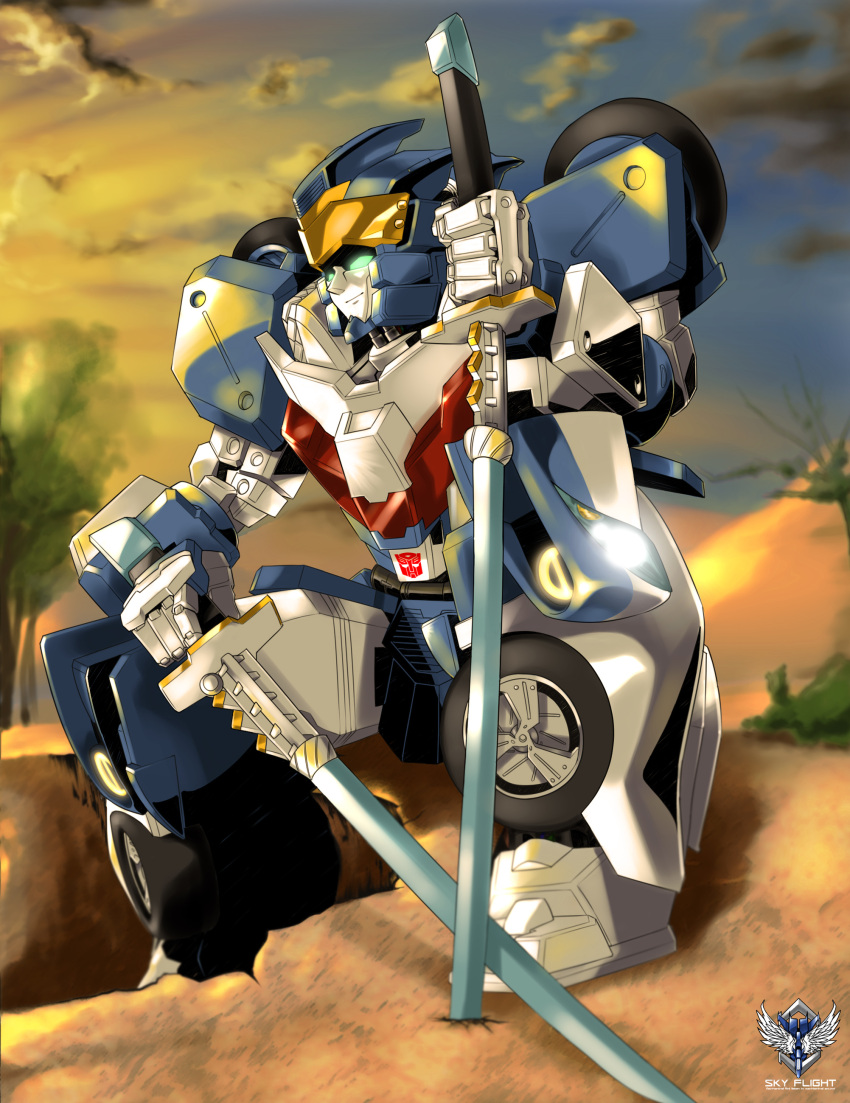 1boy, absurdres, autobot, blue_eyes, dual_wielding, glowing, glowing_eyes, headlight, highres, holding, holding_sword, holding_weapon, katana, kenzan, mecha, no_humans, science_fiction, sitting, sky_flight, smile, solo, sunset, sword, transformers, transformers_go, weapon, wheel