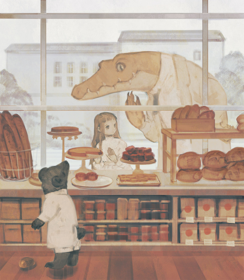 1girl, animal, bakery, bangs, bear, black_bear, bread, brown_hair, building, cake, claws, clothed_animal, cravat, crocodile, crocodilian, dress, food, hands_on_window, highres, indoors, jacket, jar, long_hair, looking_at_another, looking_in_window, original, rt0no, sharp_teeth, shirt, shop, shorts, teeth, tree, white_dress, white_jacket, white_shirt, white_shorts, window, wooden_floor