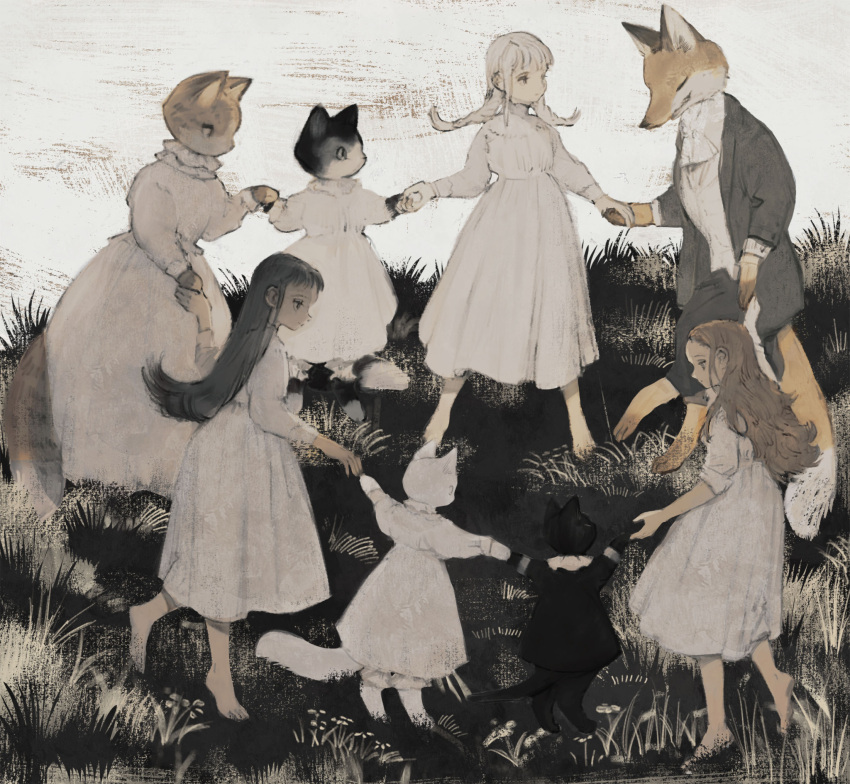 3girls, animal, bangs, barefoot, black_cat, black_hair, black_shirt, braid
