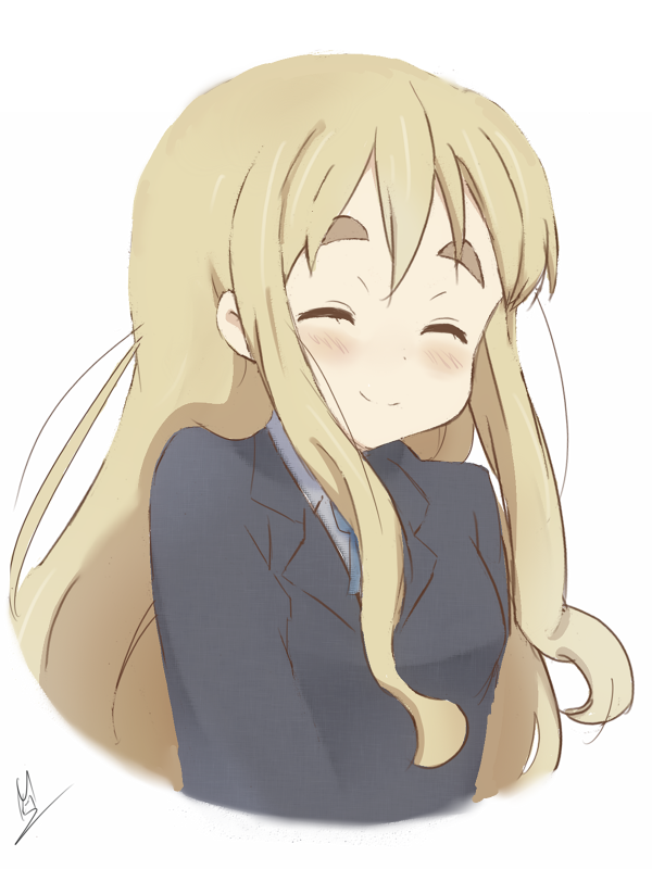 1girl, ^_^, bangs, blonde_hair, blush, closed_eyes, jacket, k-on!, kotobuki_tsumugi, long_hair, ma-2_(konkon_kitakitsune), ribbon, sakuragaoka_high_school_uniform, school_uniform, shirt, signature, simple_background, smile, solo, thick_eyebrows, upper_body, white_background