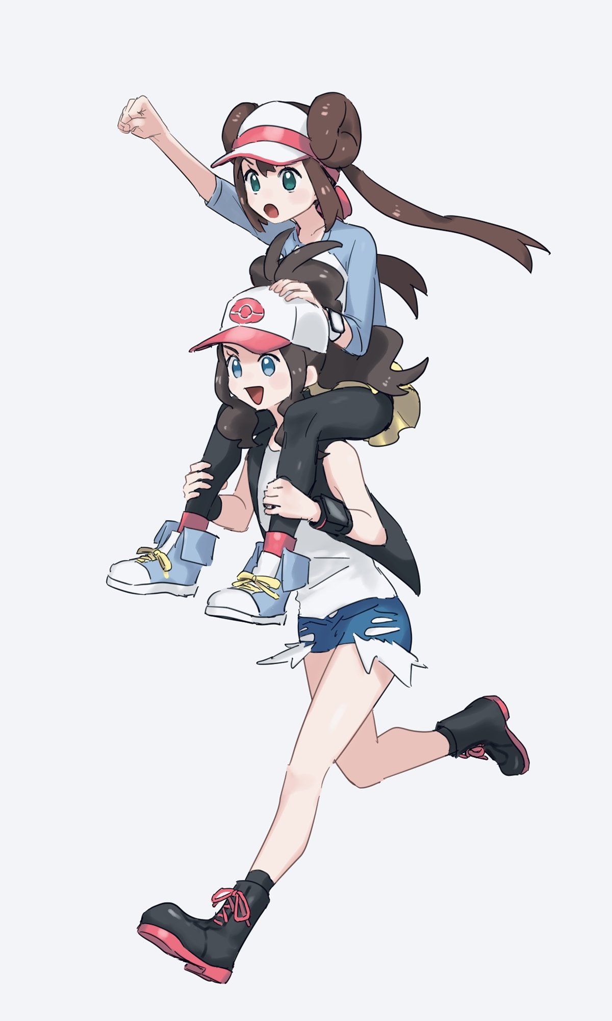 2girls, :d, arm_up, baseball_cap, black_footwear, black_legwear, black_vest, blue_eyes