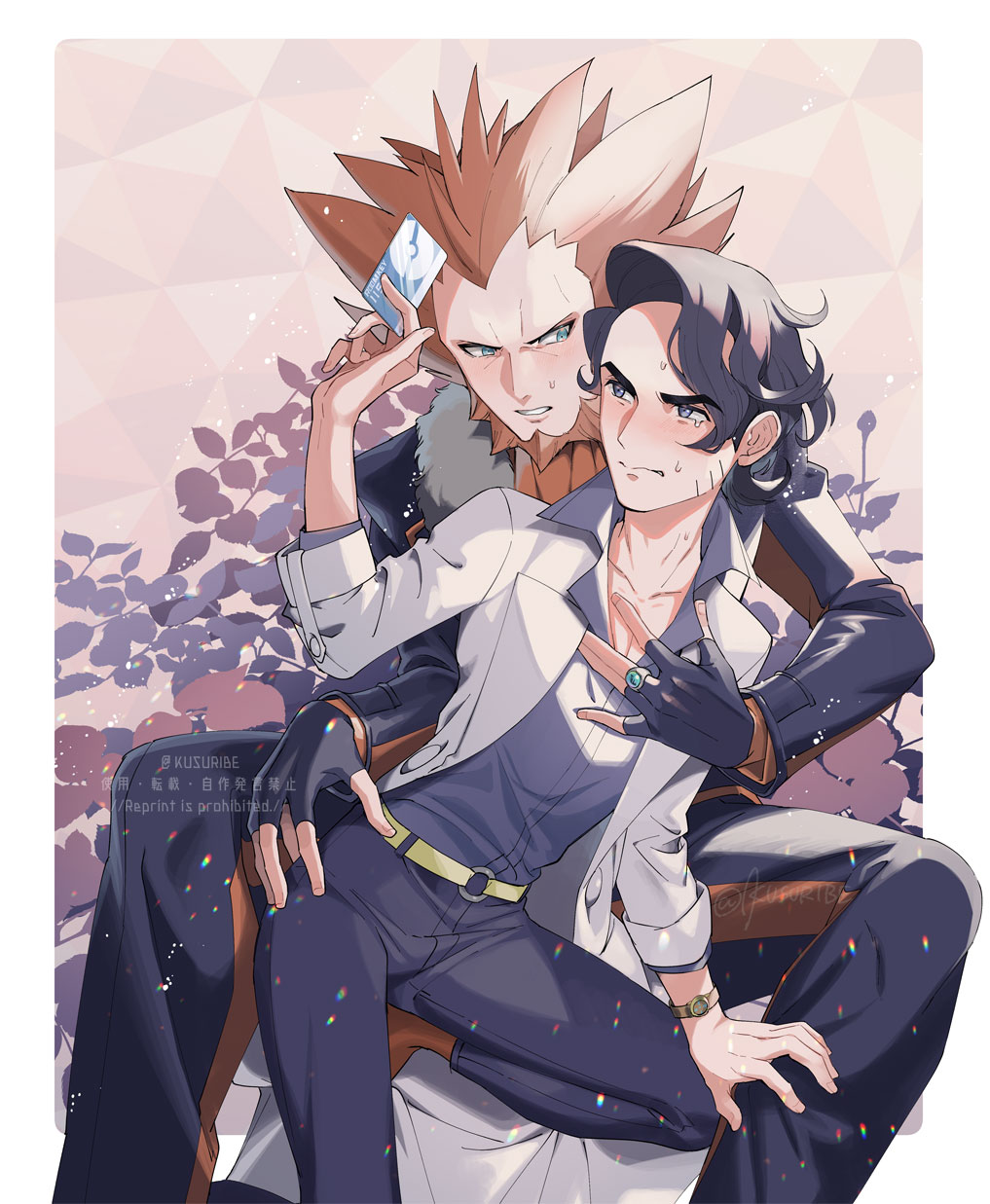 2boys, artist_name, augustine_sycamore, beard, belt, black_gloves, black_hair, black_pants