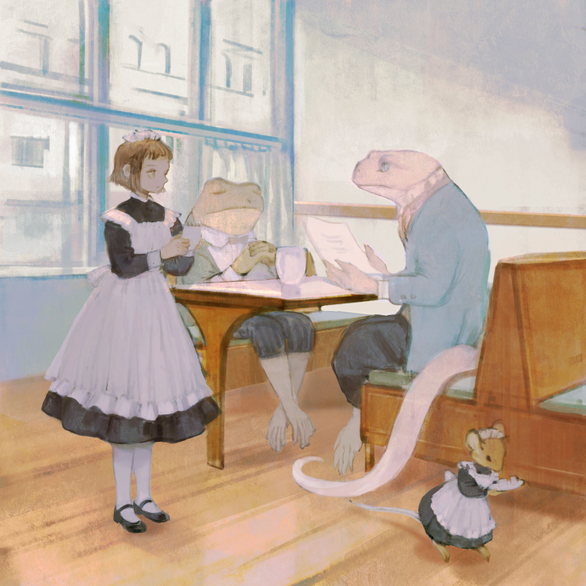 1girl, animal, apron, bangs, black_dress, black_footwear, blue_eyes, blue_jacket, booth_seat, bow, bowtie, brown_hair, cafe, closed_eyes, clothed_animal, cup, curtains, dress, eye_contact, frilled_apron, frills, frog, green_eyes, green_jacket, hands_together, headband, highres, holding, holding_menu, holding_notepad, holding_plate, indoors, jacket, lizard, long_dress, looking_at_another, maid, maid_apron, maid_headdress, mary_janes, menu, mouse, notepad, original, pants, plate, rt0no, shirt, shoes, short_hair, sitting, socks, standing, table, waitress, white_apron, white_legwear, white_shirt, window, wooden_floor