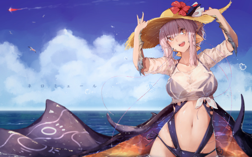 1girl, blue_wings, breasts, dragon_girl, dragon_wings, flower, hat, hat_flower, highres, large_breasts, looking_at_viewer, monster_hunter_(series), namielle, navel, orange_eyes, personification, see-through, see-through_shirt, sharp_teeth, shirt, short_hair_with_long_locks, smile, solo, straw_hat, suiiryu, sun_hat, swimsuit, swimwear, teeth, webbed_hands, wet, wet_clothes, wet_shirt, white_hair, wings