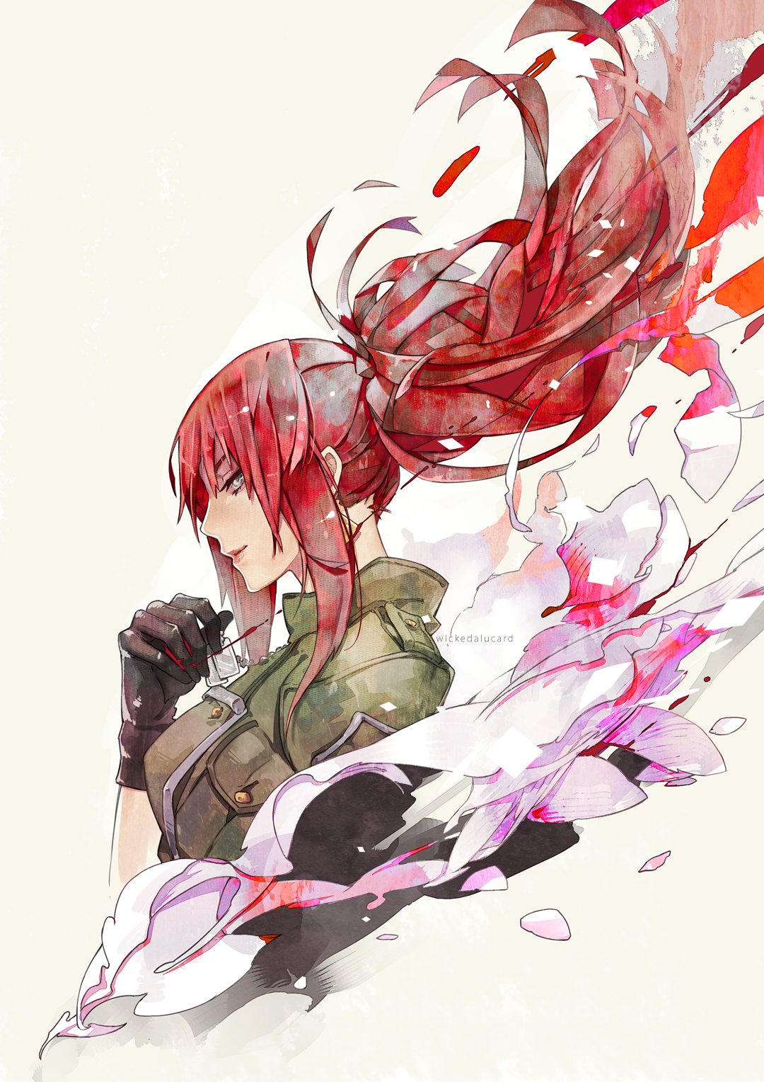 1girl, bangs, black_gloves, blood, blood_trail, dark_persona, dog_tags, earrings