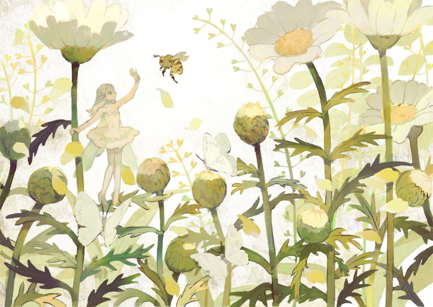 1girl, barefoot, bee, braid, bug, butterfly, dress, fairy