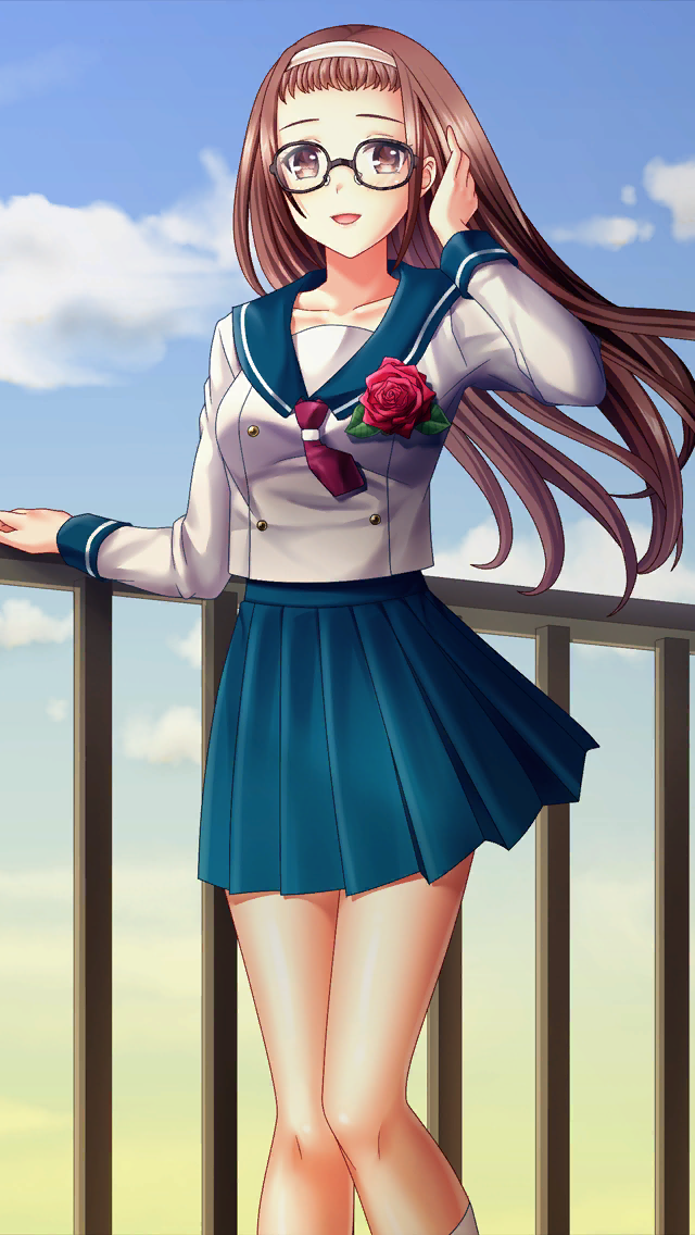 1girl, :d, black-framed_eyewear, blue_sailor_collar, blue_skirt, blue_sky, brown_eyes, brown_hair