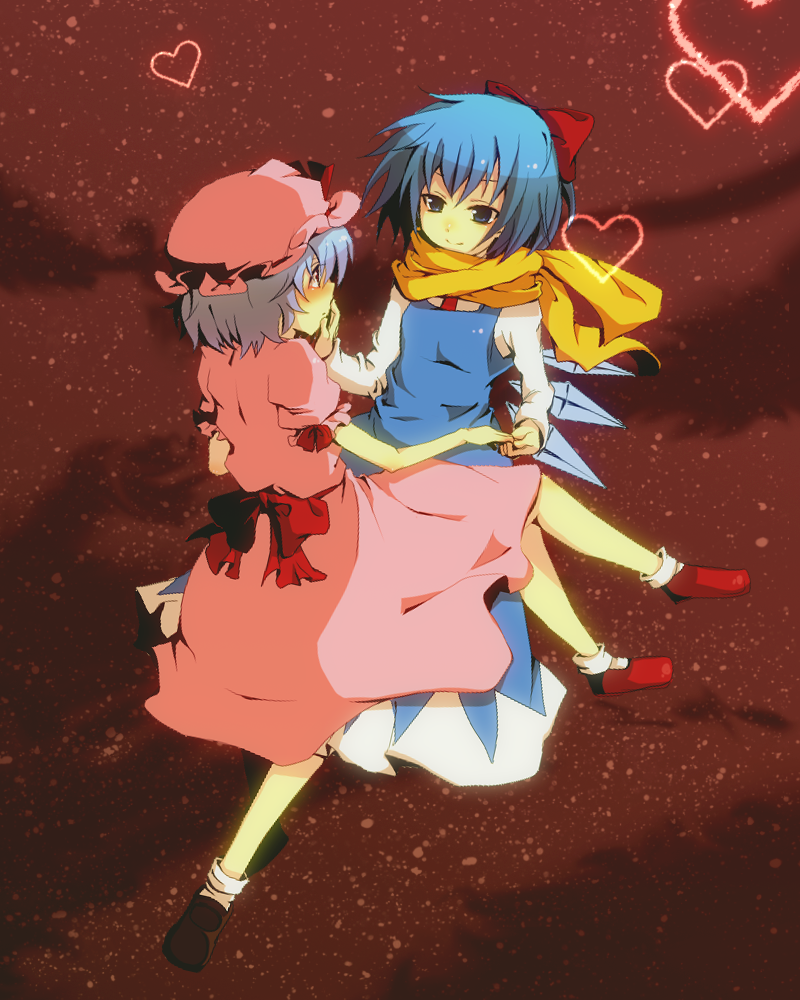 aoi_(annbi), blue_eyes, blue_hair, cirno, cirno-nee, eye_contact, hand_on_another's_face, hat