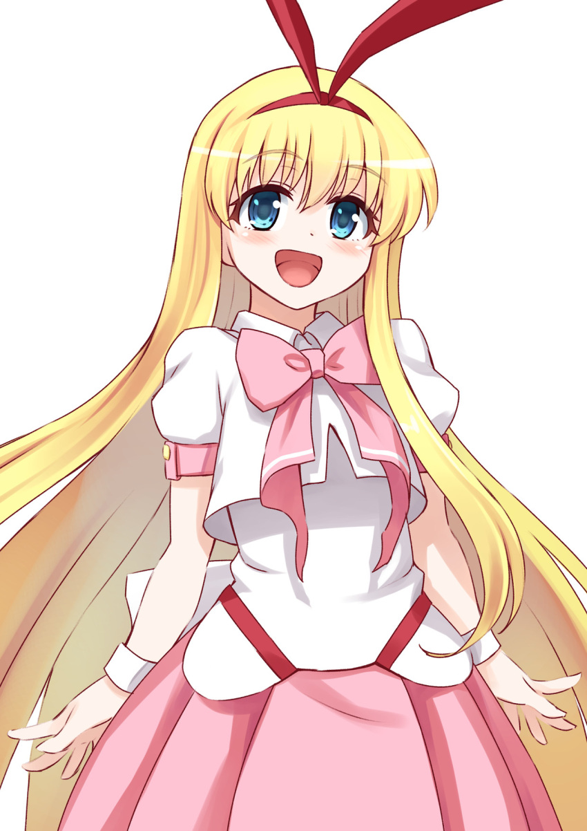 1girl, :d, amae_koromo, animal_ears, bangs, blonde_hair, blouse, blue_eyes