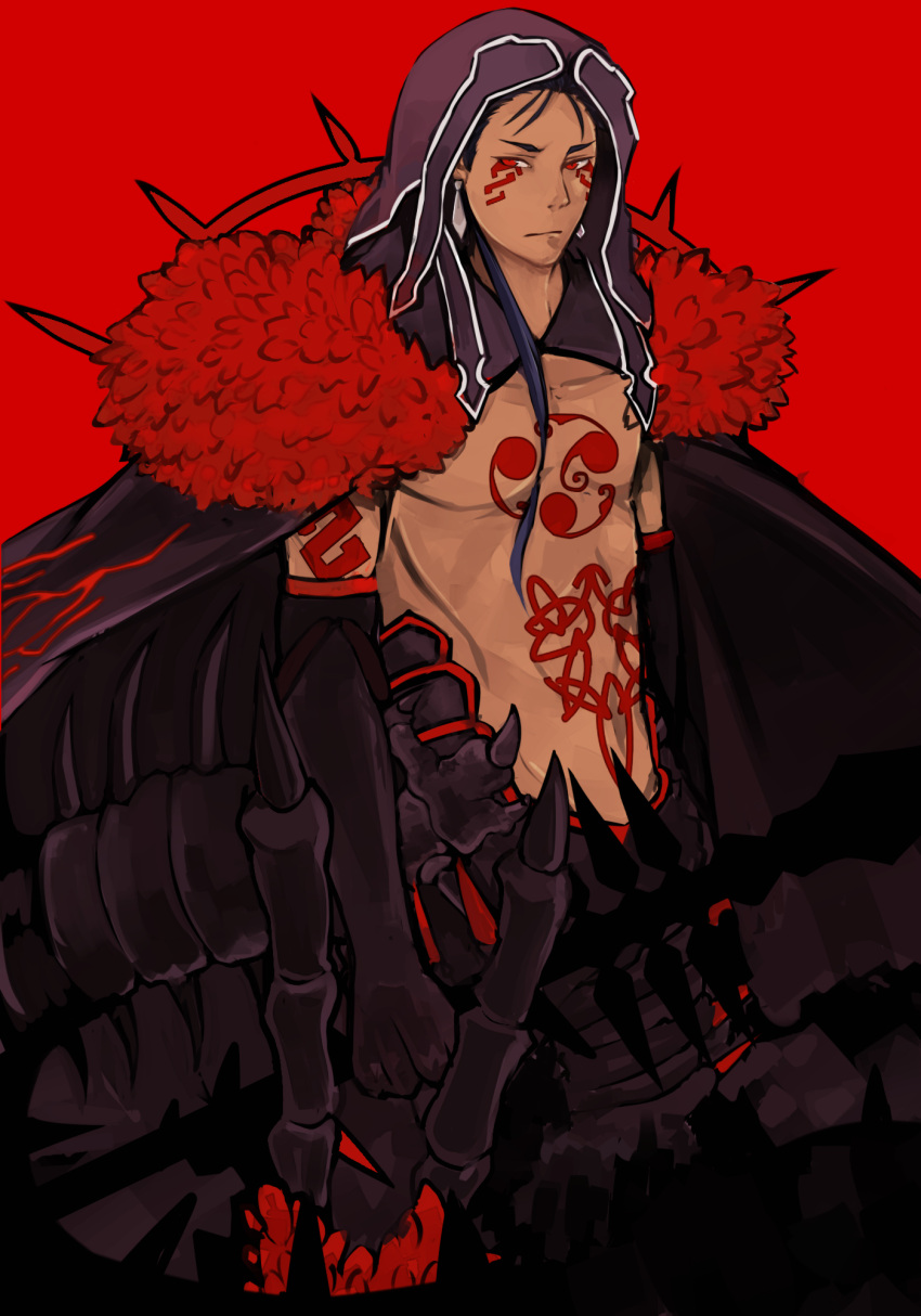 1boy, bare_pectorals, black_cape, black_gloves, blue_hair, cape, chest_tattoo, closed_mouth