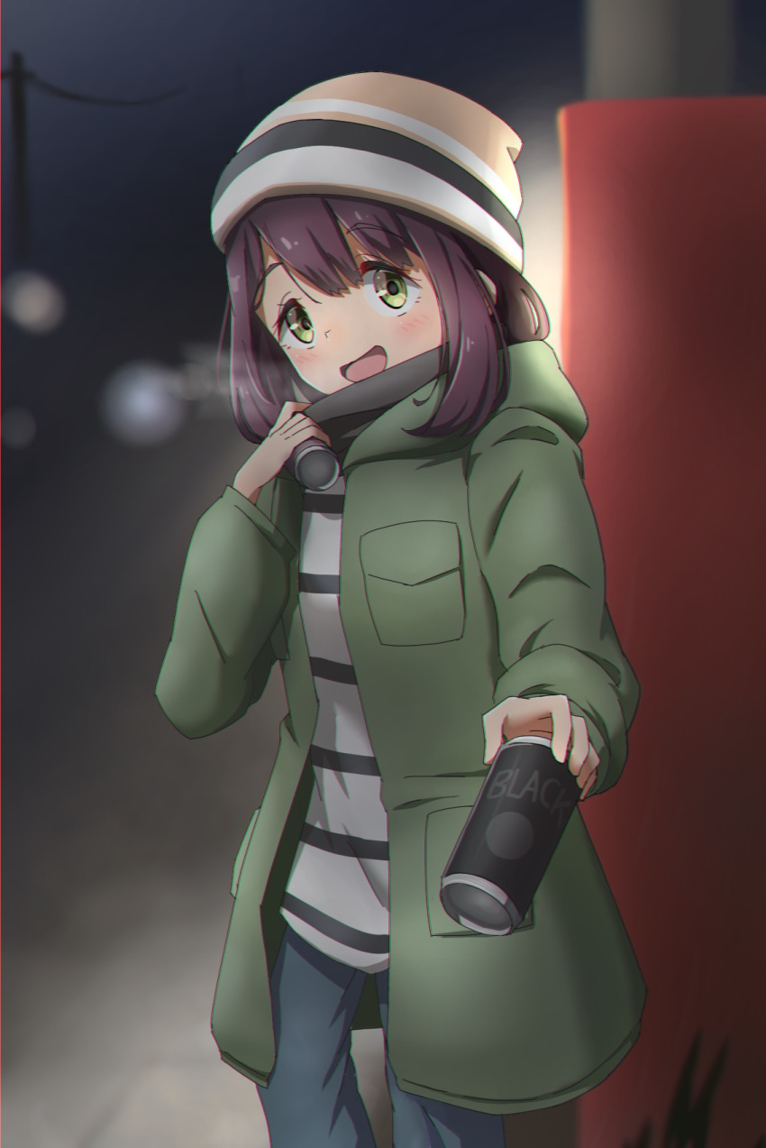 1girl, backlighting, bangs, black_scarf, black_shirt, border, can, canned_coffee