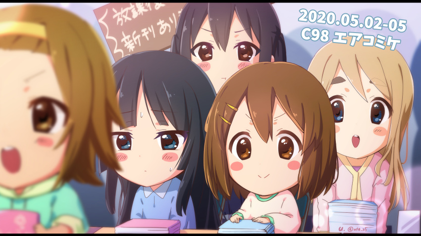 akiyama_mio, atu, bangs, black_hair, blonde_hair, blue_eyes, blue_shirt, blunt_bangs, blurry, blurry_background, blush, book, brown_eyes, brown_hair, chibi, commentary_request, dated, doyagao, eyebrows_visible_through_hair, frown, green_sweatshirt, green_trim, hair_between_eyes, hair_ornament, hair_pulled_back, hairband, hairclip, headwear, highres, hirasawa_yui, jacket, k-on!, kotobuki_tsumugi, long_hair, looking_at_viewer, looking_down, multiple_girls, nakano_azusa, open_mouth, pink_jacket, pout, pouty_lips, purple_shirt, raised_eyebrows, shirt, short_hair, sidelocks, signature, smile, smug, sweatshirt, tainaka_ritsu, thick_eyebrows, translation_request, twintails, twitter_username