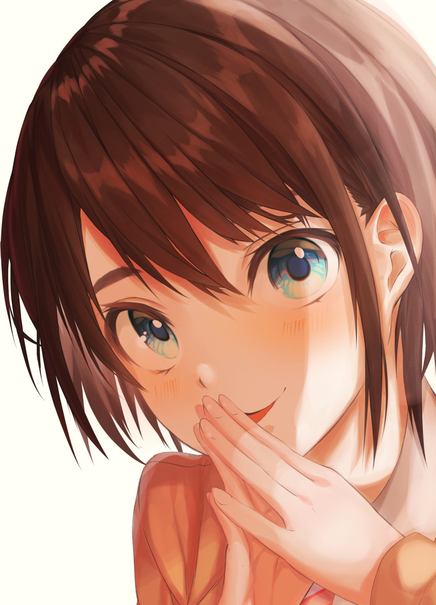 1girl, bangs, blue_eyes, blush, brown_hair, close-up, collared_shirt, commentary_request, eyelashes, hand_up, hands_up, highres, hololive, long_sleeves, looking_at_viewer, nojikorirakkusu, oozora_subaru, open_mouth, orange_shirt, portrait, shadow, shiny, shiny_hair, shirt, short_hair, simple_background, smile, solo, steepled_fingers, swept_bangs, virtual_youtuber, white_background